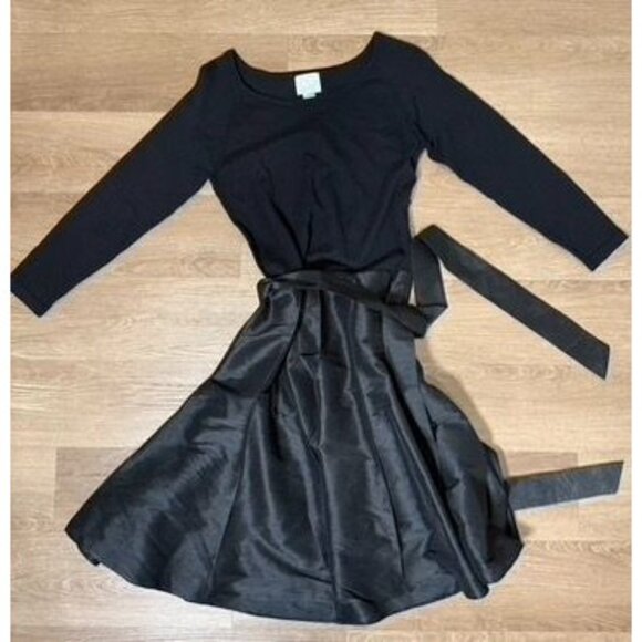 Anthropologie Maeve Black 3/4 Sleeve Fit & Flare Dress‎ With Satin Waist Tie - Picture 2 of 8